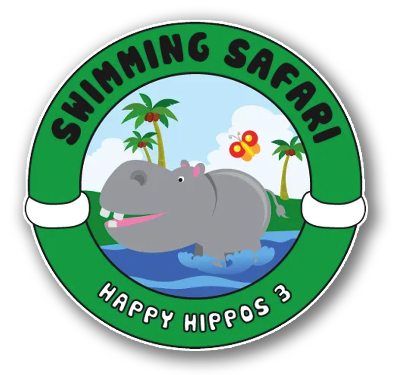 Swimming Safari logo with a cartoon hippo in water, palm trees, and a butterfly.