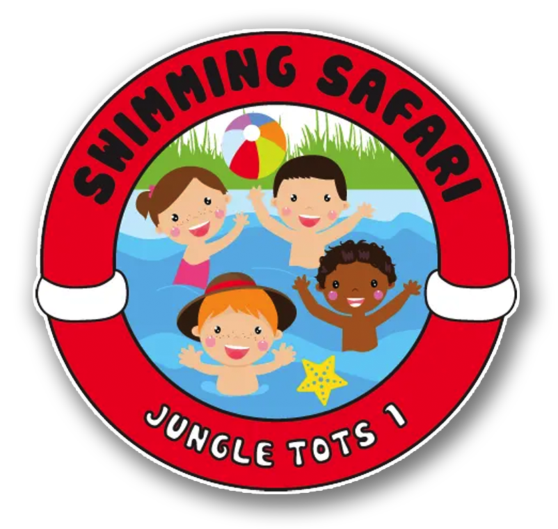 Round logo with children swimming in a pool; red border reads