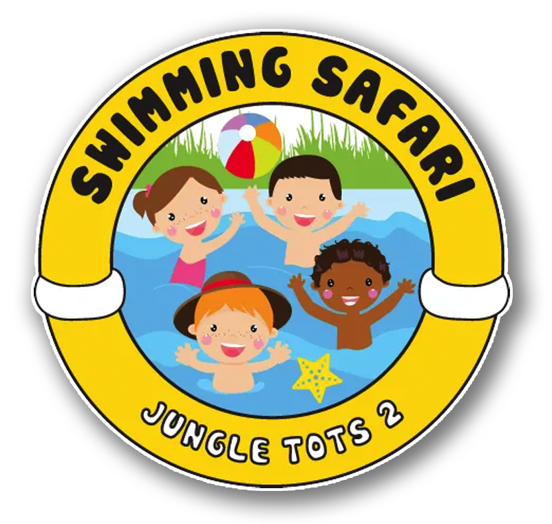 Swimming Safari logo: Kids swimming in blue water, with a beach ball and smiling. Yellow border.