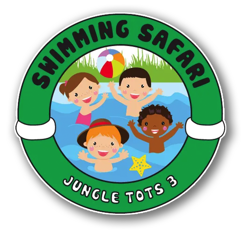 Round logo: Children swimming in a pool, smiling with