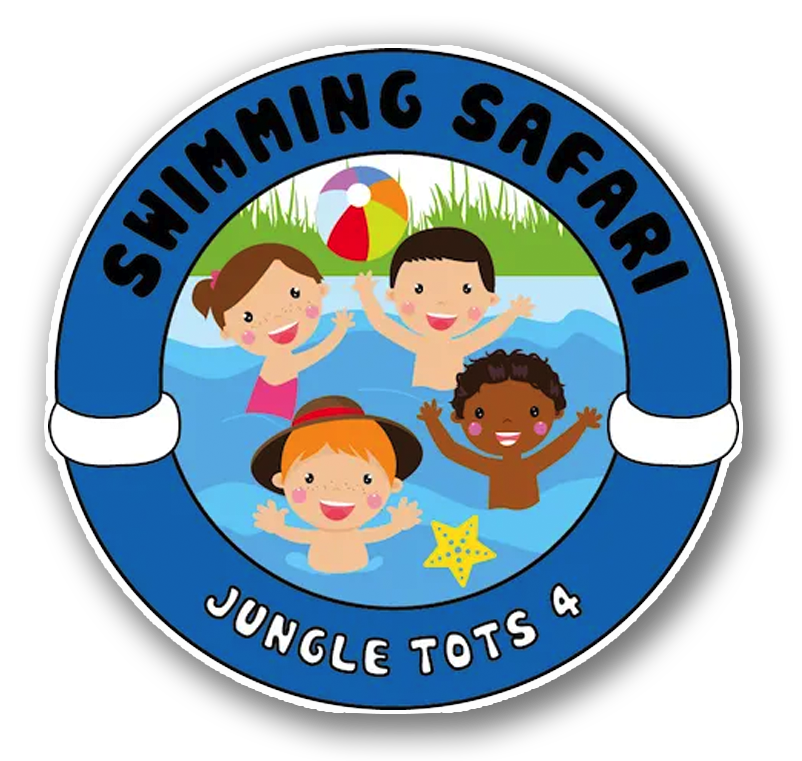 Swimming Safari & Jungle Tots logo: Kids in pool with beach ball, green grass, and starfish.
