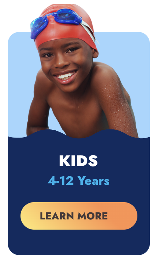 Smiling child in swim cap and goggles, blue and orange button for