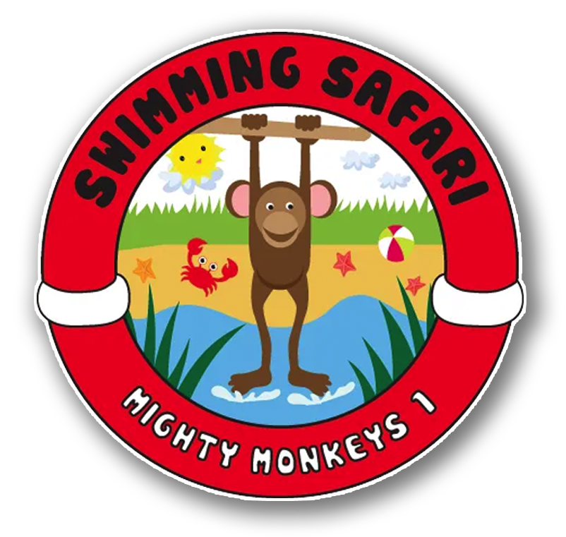 Red Swimming Safari logo with monkey hanging over water; sunshine, beach ball, crab.