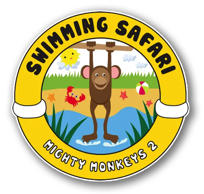Round logo with a monkey hanging from a branch; the background has a sun, beach, and water.