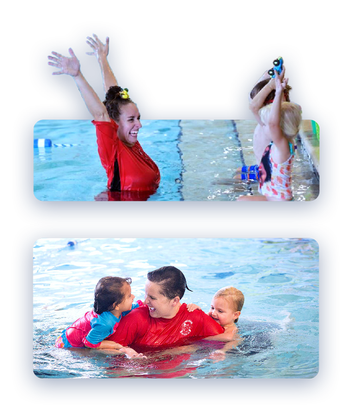 Swimming instructor with children in a pool, smiling, raising arms; red shirts; water splash.