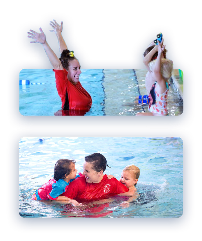 Swimming instructor with children in a pool, smiling, raising arms; red shirts; water splash.