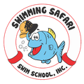 Smiling blue cartoon fish holding a safari hat inside a life preserver; "Swimming Safari Swim School, Inc."