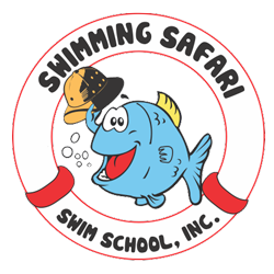 Blue cartoon fish holding safari hat in a life ring, 