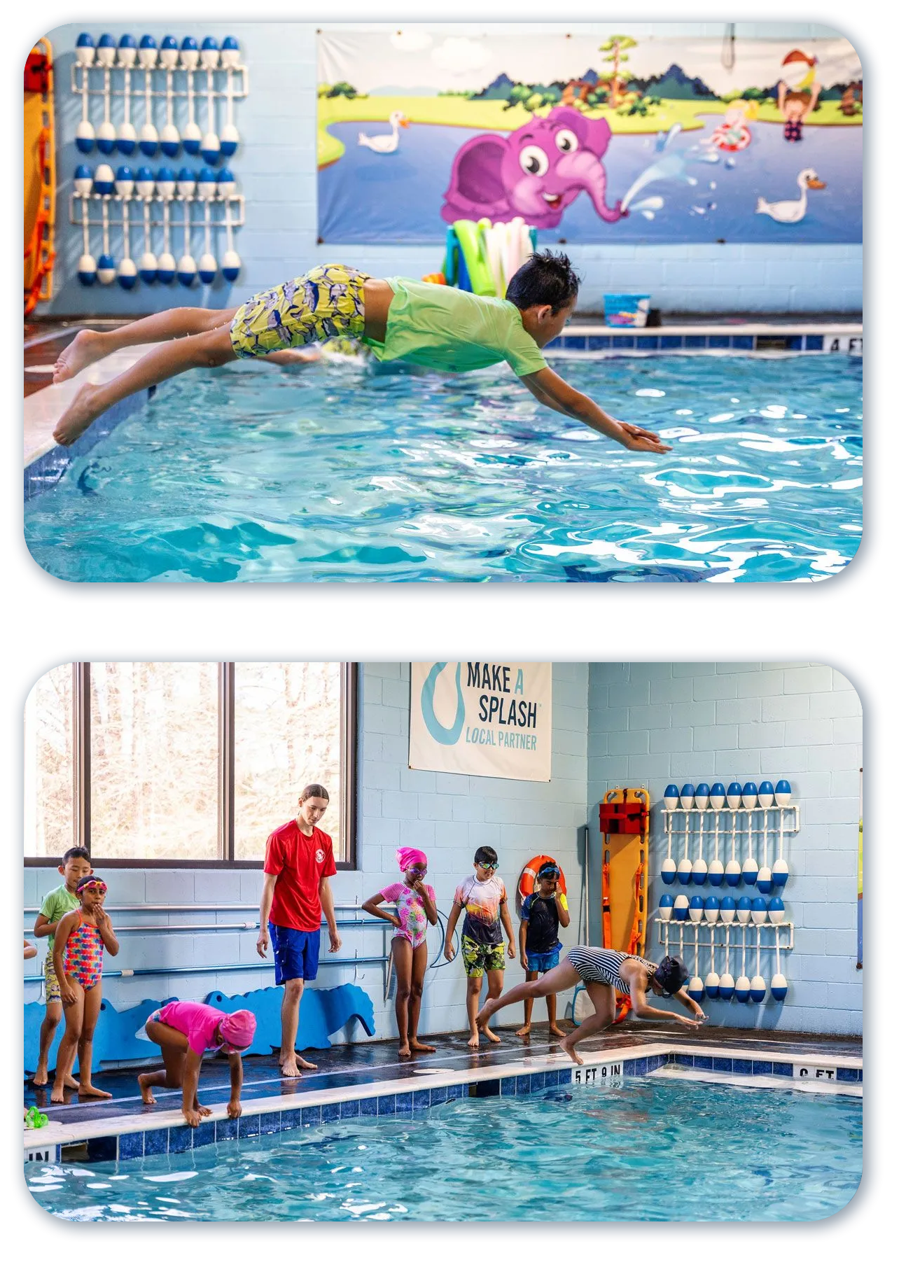 Top: Boy diving into pool. Bottom: Kids jumping into pool with instructor.