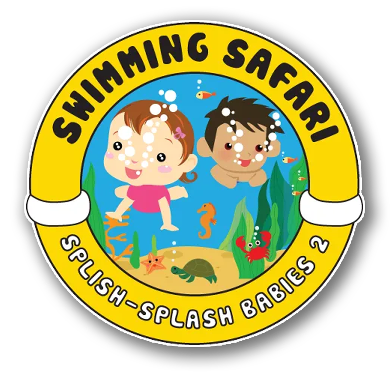Swimming Safari logo: Kids swimming in a blue ocean, surrounded by sea creatures, yellow frame.