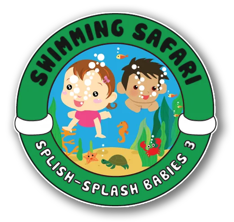 Swimming Safari logo: Babies in water with sea creatures and bubbles, green and white circle.