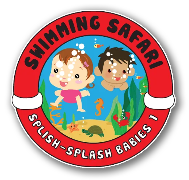 Circular logo: Two babies swimming underwater;