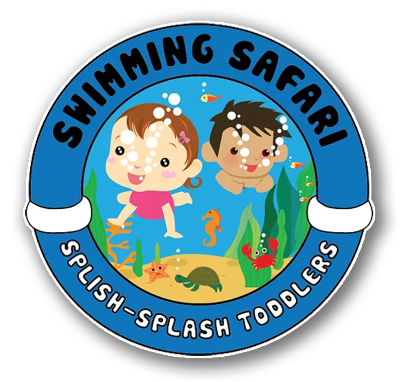 Swimming Safari logo with cartoon toddlers underwater, surrounded by sea creatures. Blue and white.