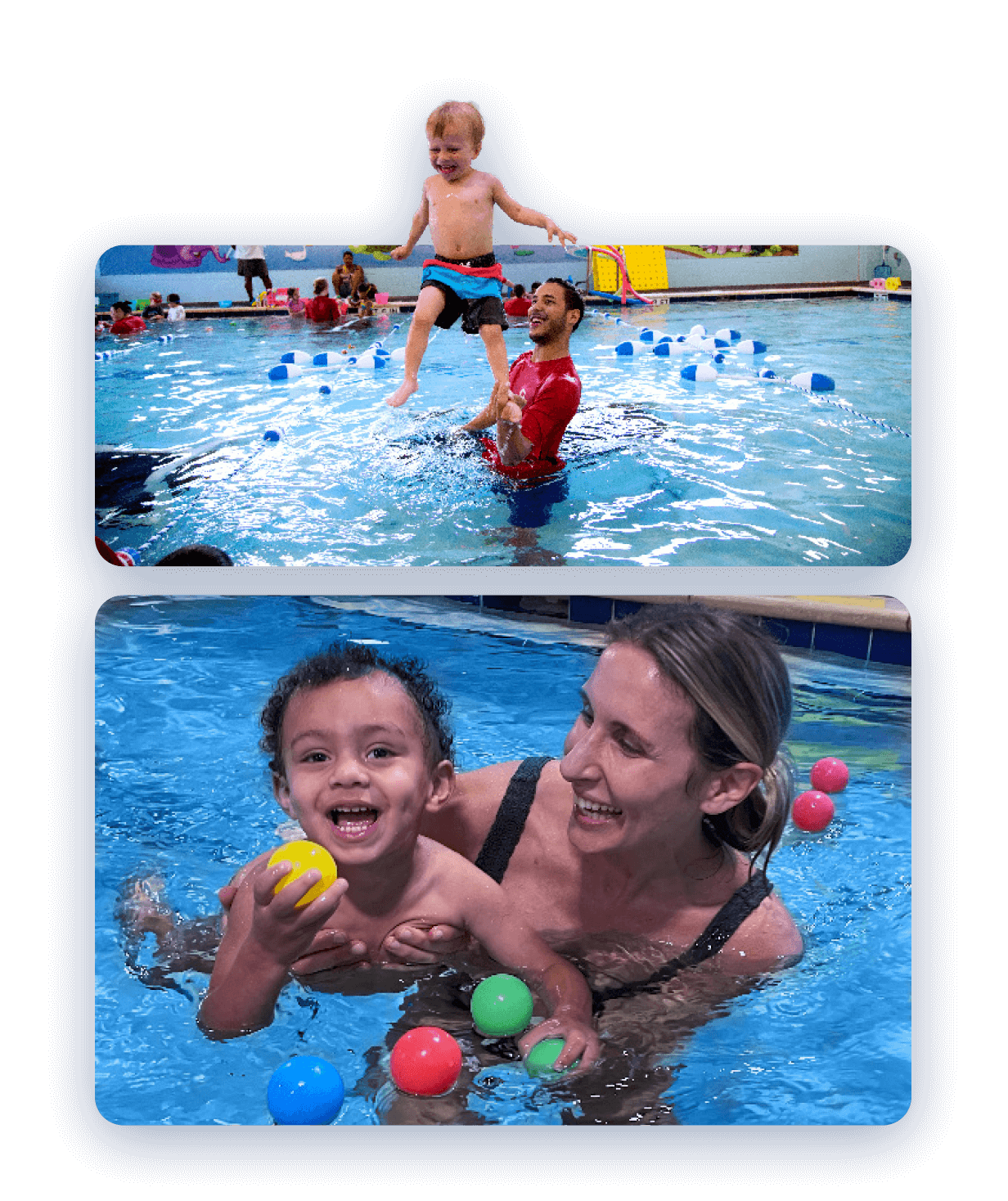 Two young children in a pool with adults. One child jumping with instructor, the other smiling with a woman.
