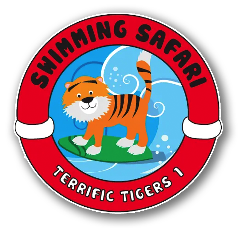 Swimming Safari logo: Orange tiger surfing on green board, red and blue background.