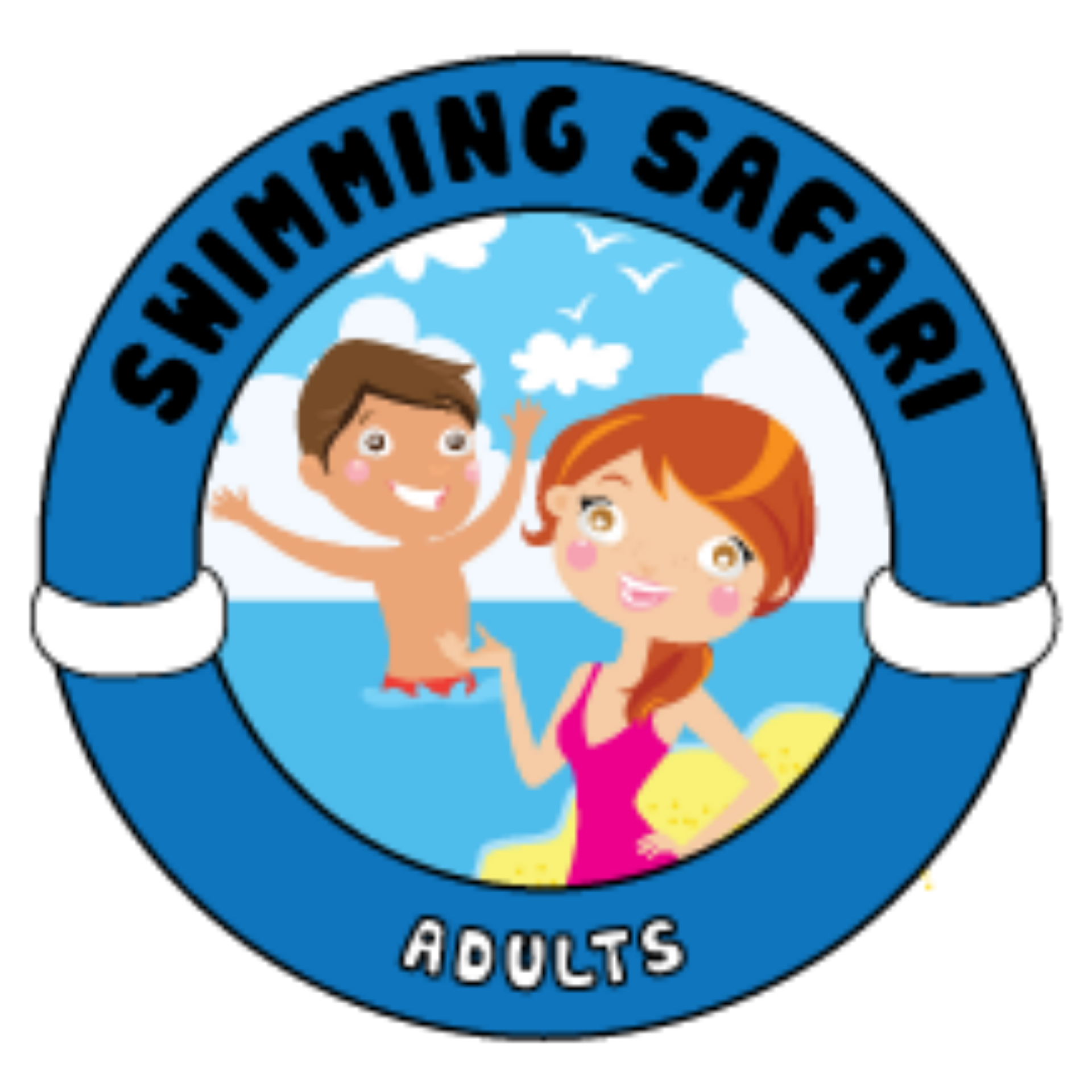 Swimming Safari badge: Happy hippo in water, smiling, red frame, palm trees, butterfly.