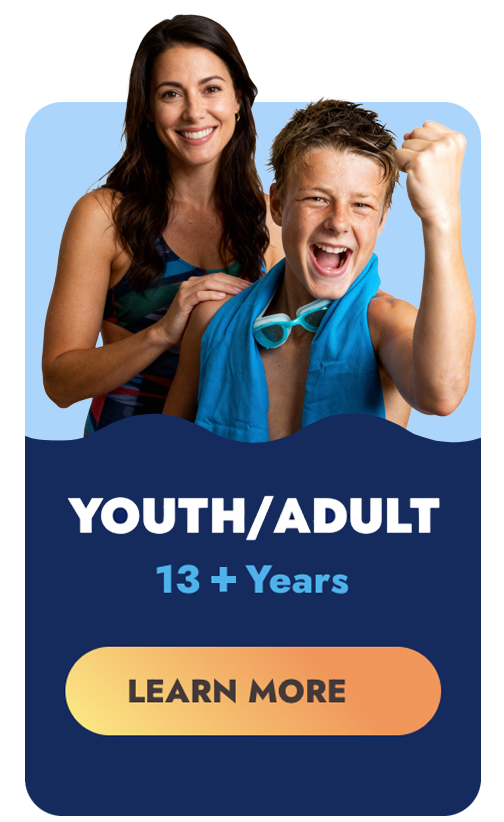 Teen/adult swimming lesson ad. Woman and teen in swim gear. Text: 13+ years, Learn More button.