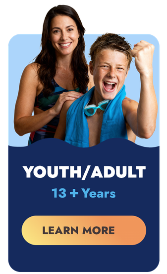 Teen/adult swimming lesson ad. Woman and teen in swim gear. Text: 13+ years, Learn More button.