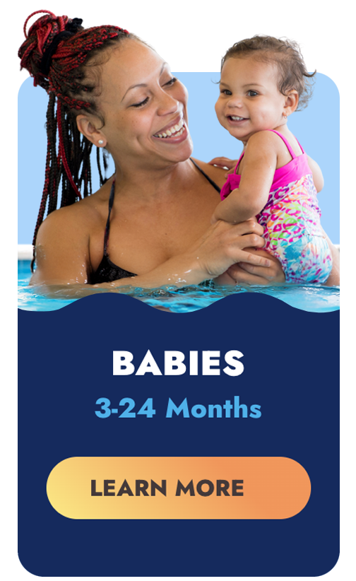 Woman and baby in a pool, offering swim lessons. Text reads