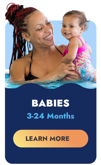 Woman and baby in a pool, offering swim lessons. Text reads