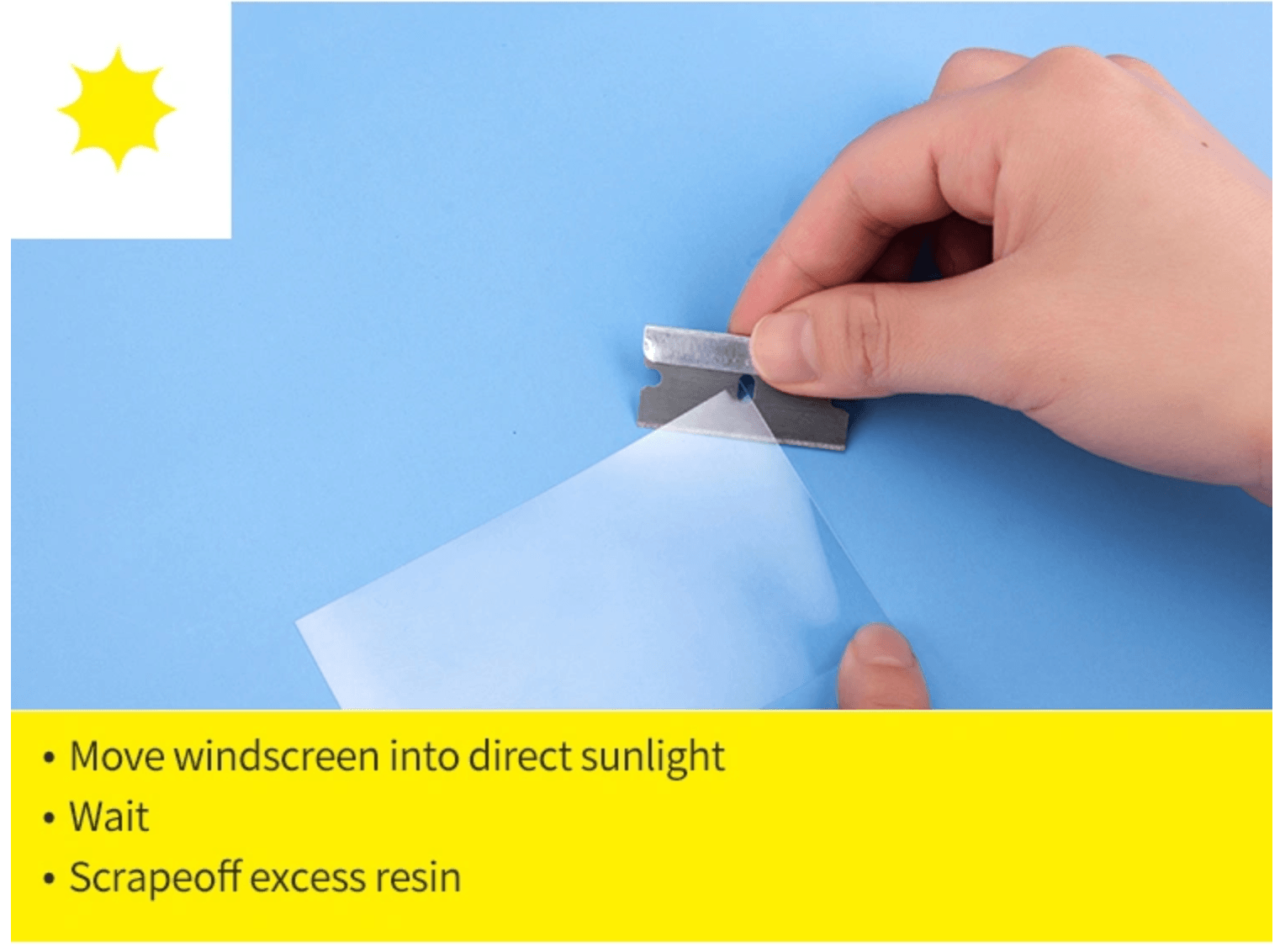 A person is holding a piece of paper that says move windscreen into direct sunlight