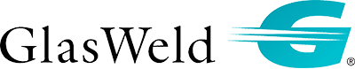 A blue and black logo for glasweld g on a white background.