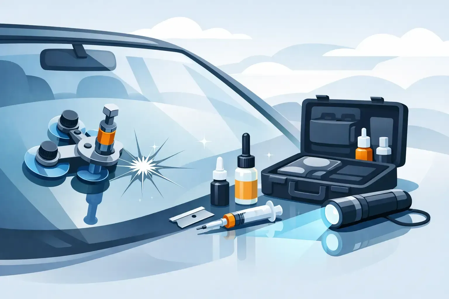 Windshied Repair Kit setup on the windshield