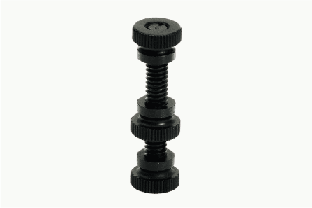 A black screw with three nuts attached to it on a white background.