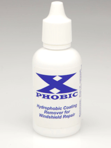 A bottle of hydrophobic coating remover for windshield repair