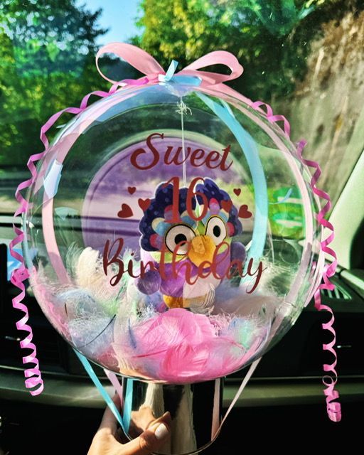 Eine Person hält einen Ballon mit der Aufschrift „Süßer 16. Geburtstag“