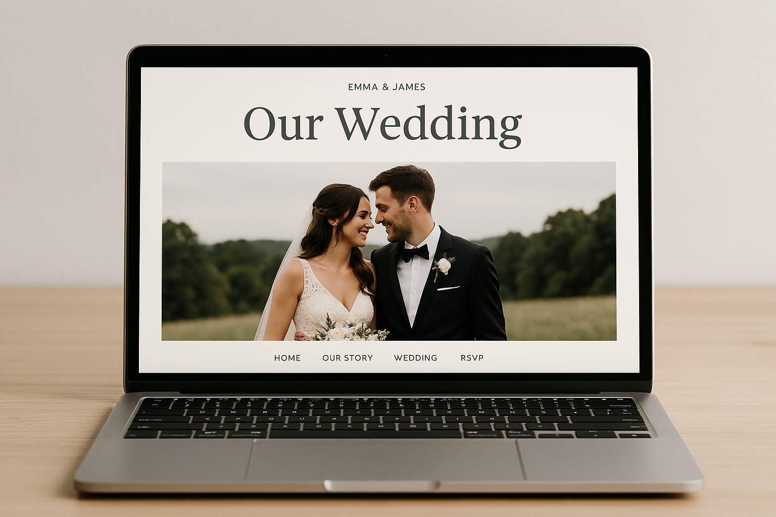 Ein Laptop mit einem Bild von Braut und Bräutigam auf dem Bildschirm.