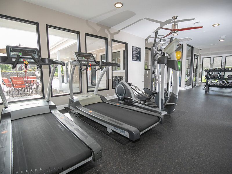 Apartment gym with treadmills and elliptical machines by large windows.