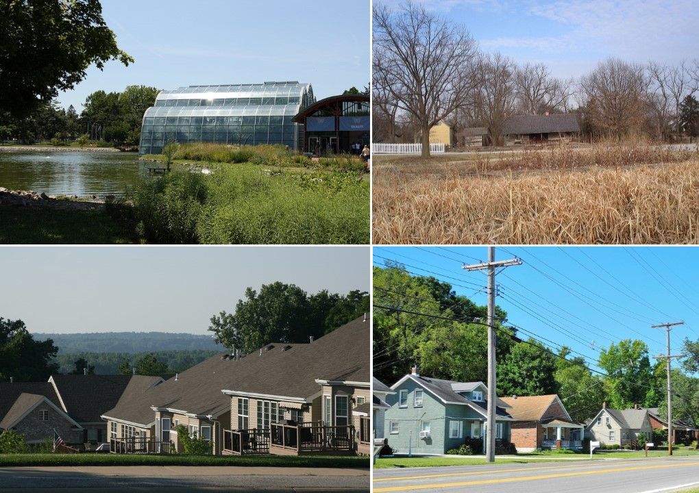 A collage of four pictures shows a greenhouse, a field, a house, and a street all in Chesterfield Missouri.
