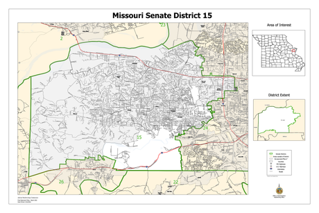 A map of Missouri senate district 15 is shown on a white background.