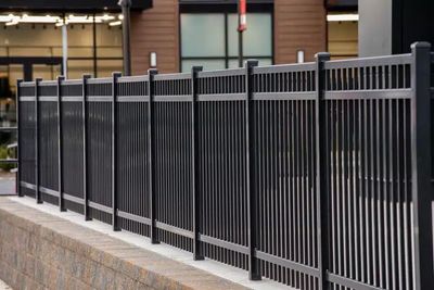 A black metal fence is sitting next to a stone wall in front of a building.