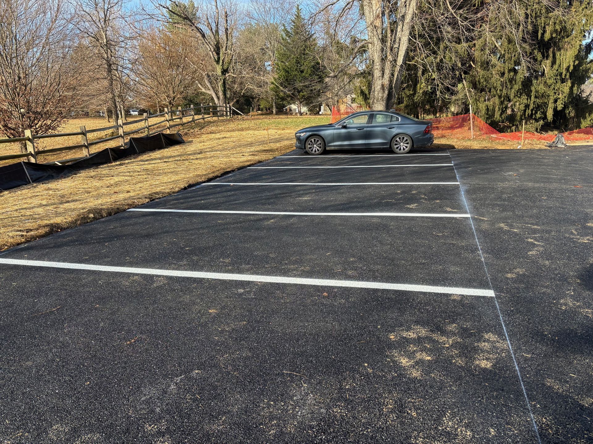 A dark grey sedan parked in a paved parking lot with empty marked spaces alongside a grassy area with bare trees.
