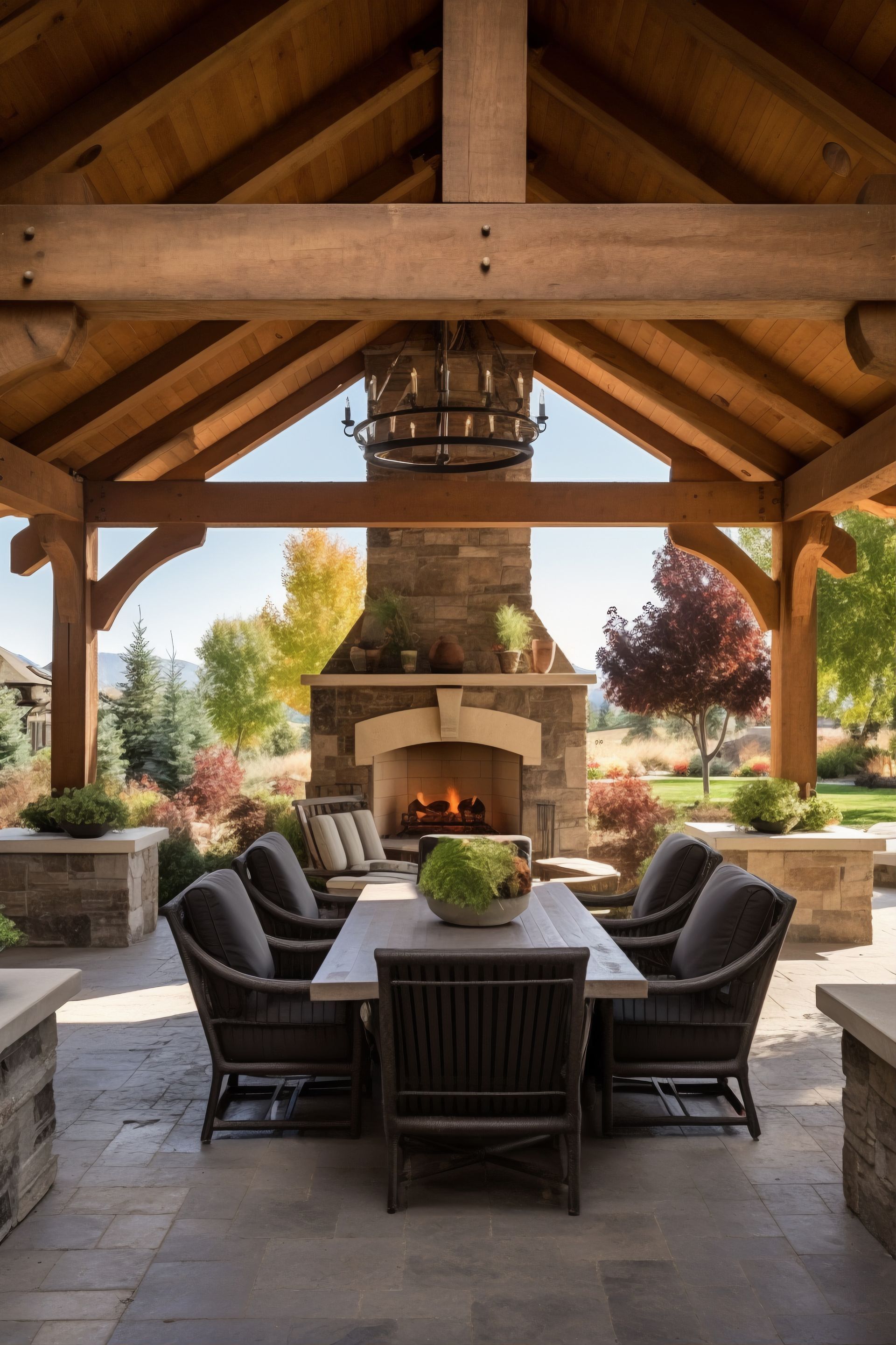 outside deck with fireplace