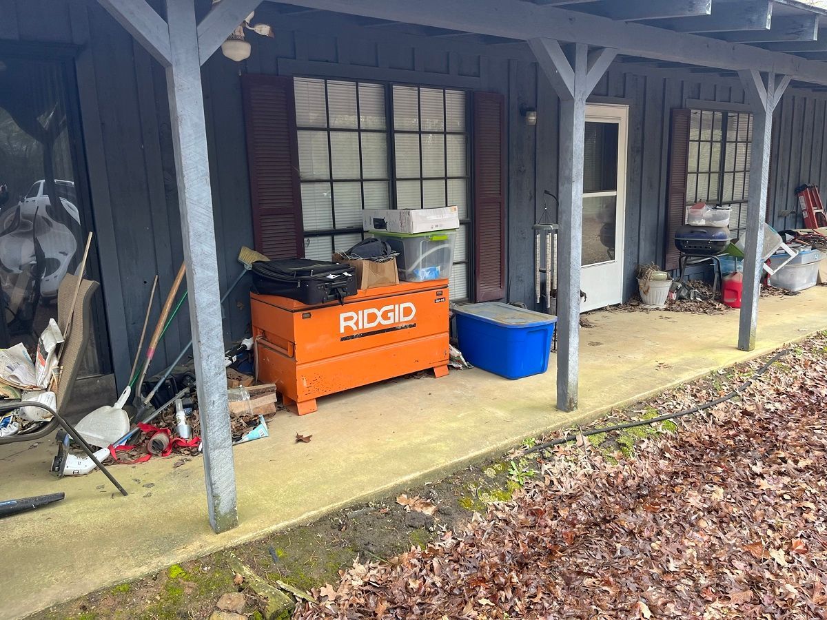 tools and junk on porch, estate cleanout in Diana TX