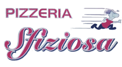 Logo per Pizzeria Sfiziosa: testo con un omino che corre.