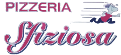 Logo per Pizzeria Sfiziosa con testo e un personaggio dei cartoni animati che corre seguendo le linee di velocità.