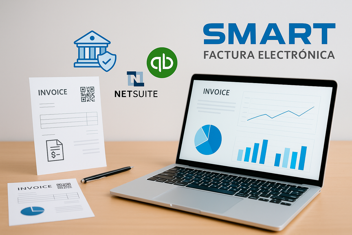 Portátil que muestra gráficos y facturas, promocionando software de facturación electrónica.