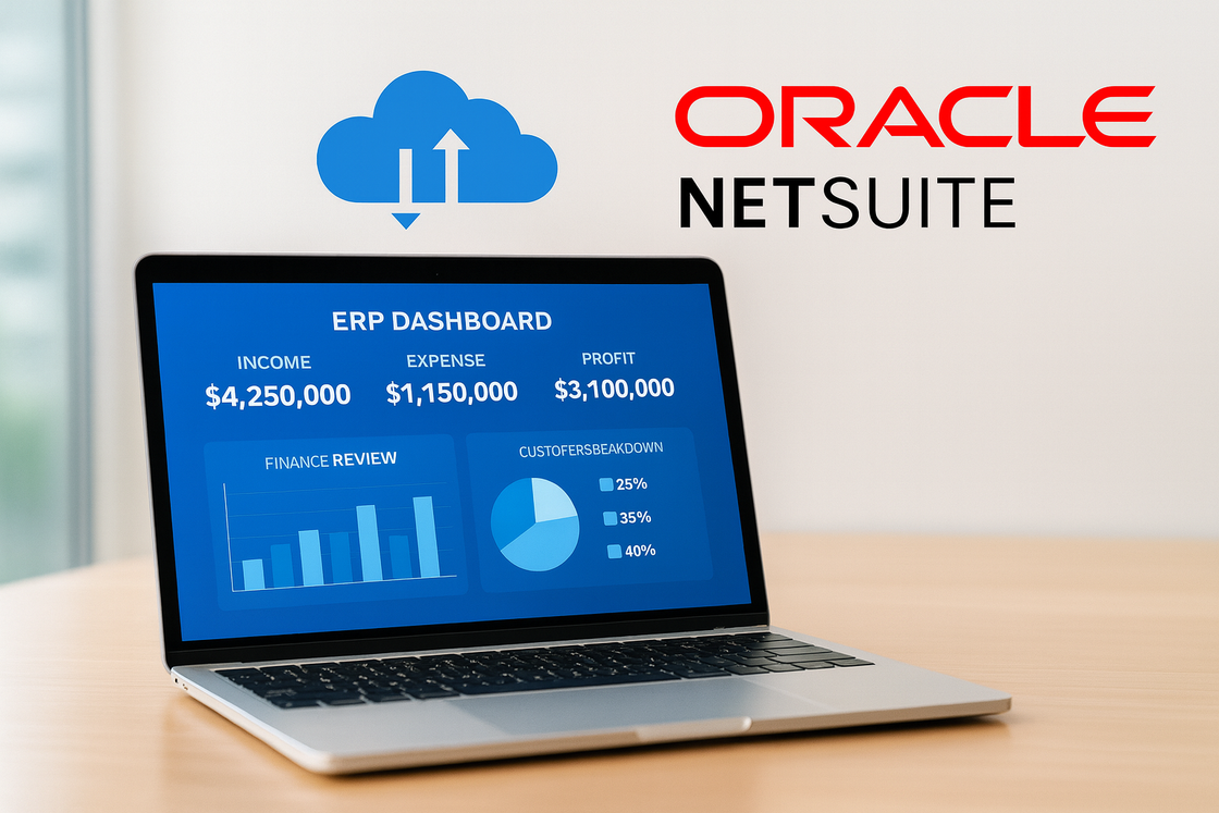 Computadora portátil que muestra un panel de NetSuite con un ícono de nube y el logotipo de Oracle NetSuite arriba, sobre un escritorio.