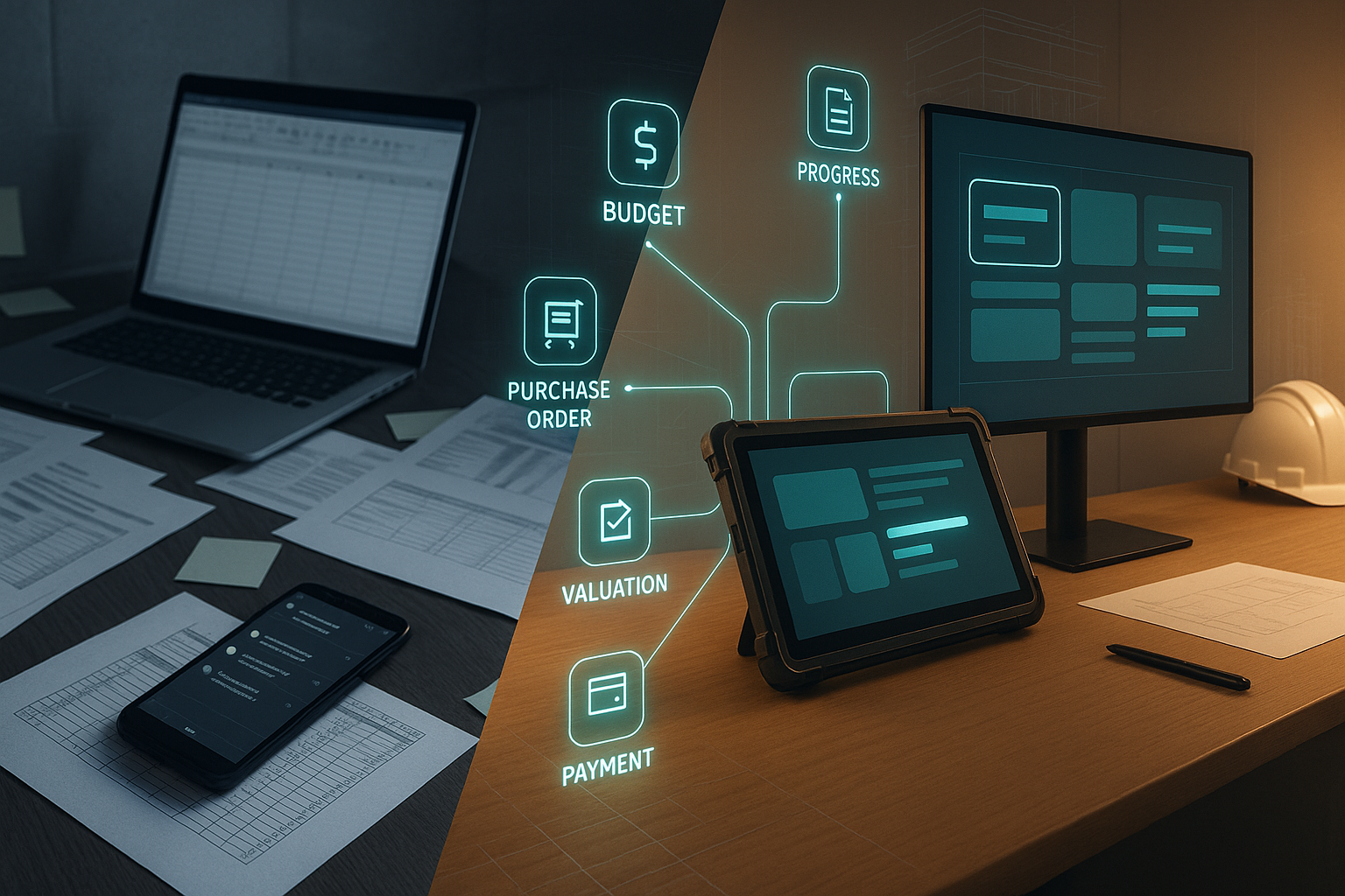 Una vista de pantalla dividida que contrasta el trabajo en papel con un flujo de trabajo digital e interconectado, mostrado mediante iconos HUD brillantes.