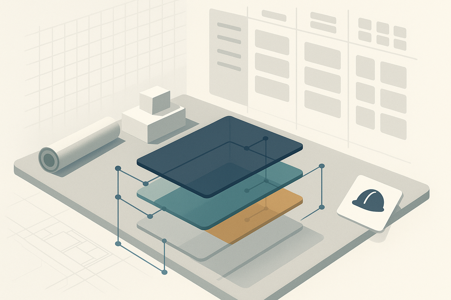 Ilustración isométrica que muestra materiales de construcción en capas, planos arquitectónicos y un icono de casco sobre una superficie cuadriculada.