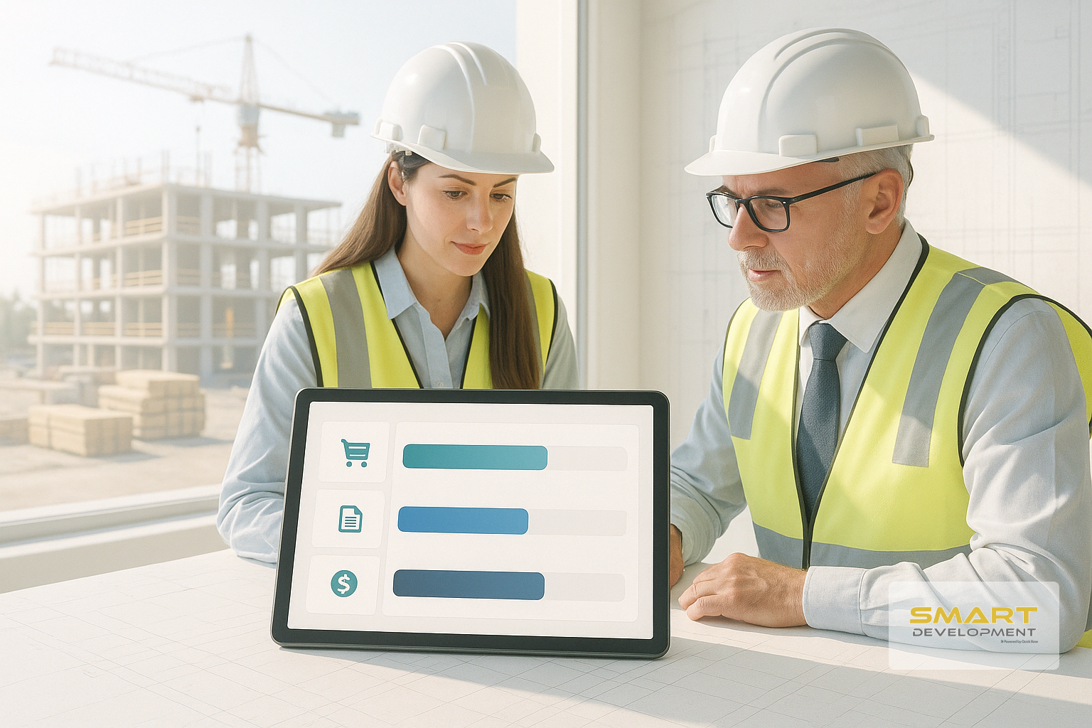 Profesionales de la construcción con chalecos reflectantes observan una tableta que muestra gráficos de datos dentro de una oficina de obra.