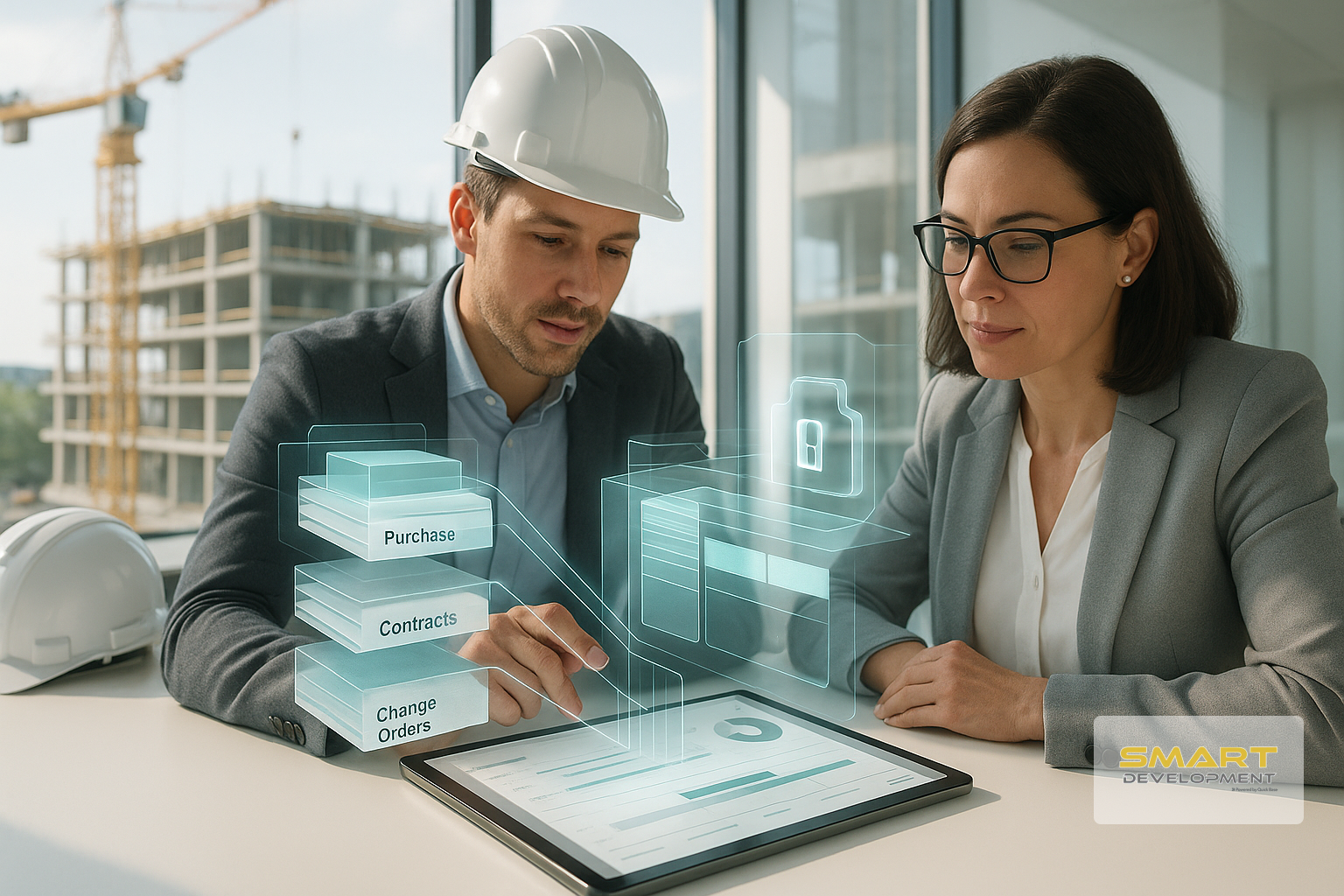 Un profesional con casco y un ayudante revisan un modelo digital en 3D de un edificio en una tableta en una oficina.