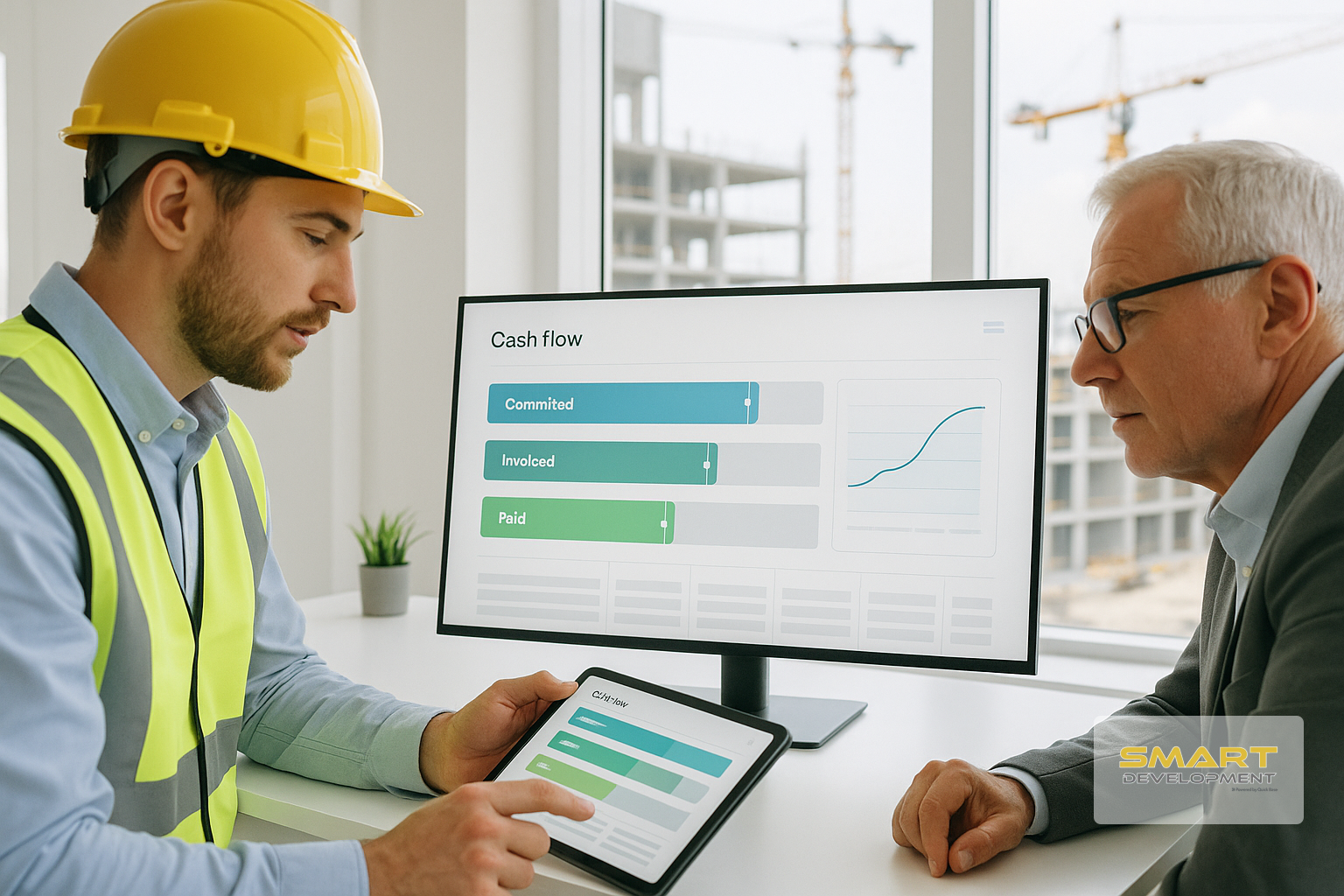 Un obrero de la construcción y un profesional revisan datos y gráficos del proyecto en un monitor de computadora y una tableta.
