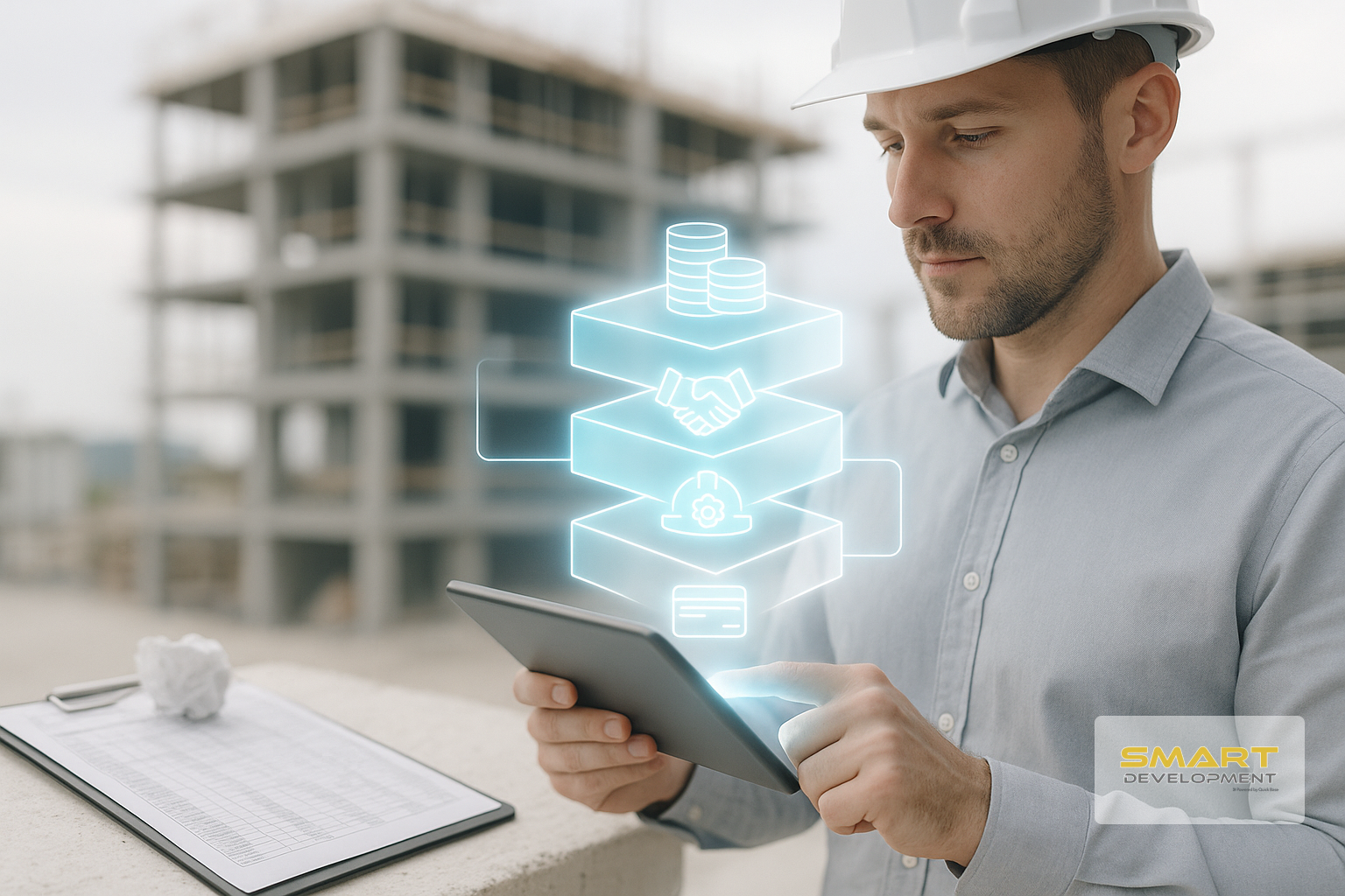 Un profesional de la construcción, con casco, utiliza una tableta para visualizar un holograma digital de iconos en una obra.