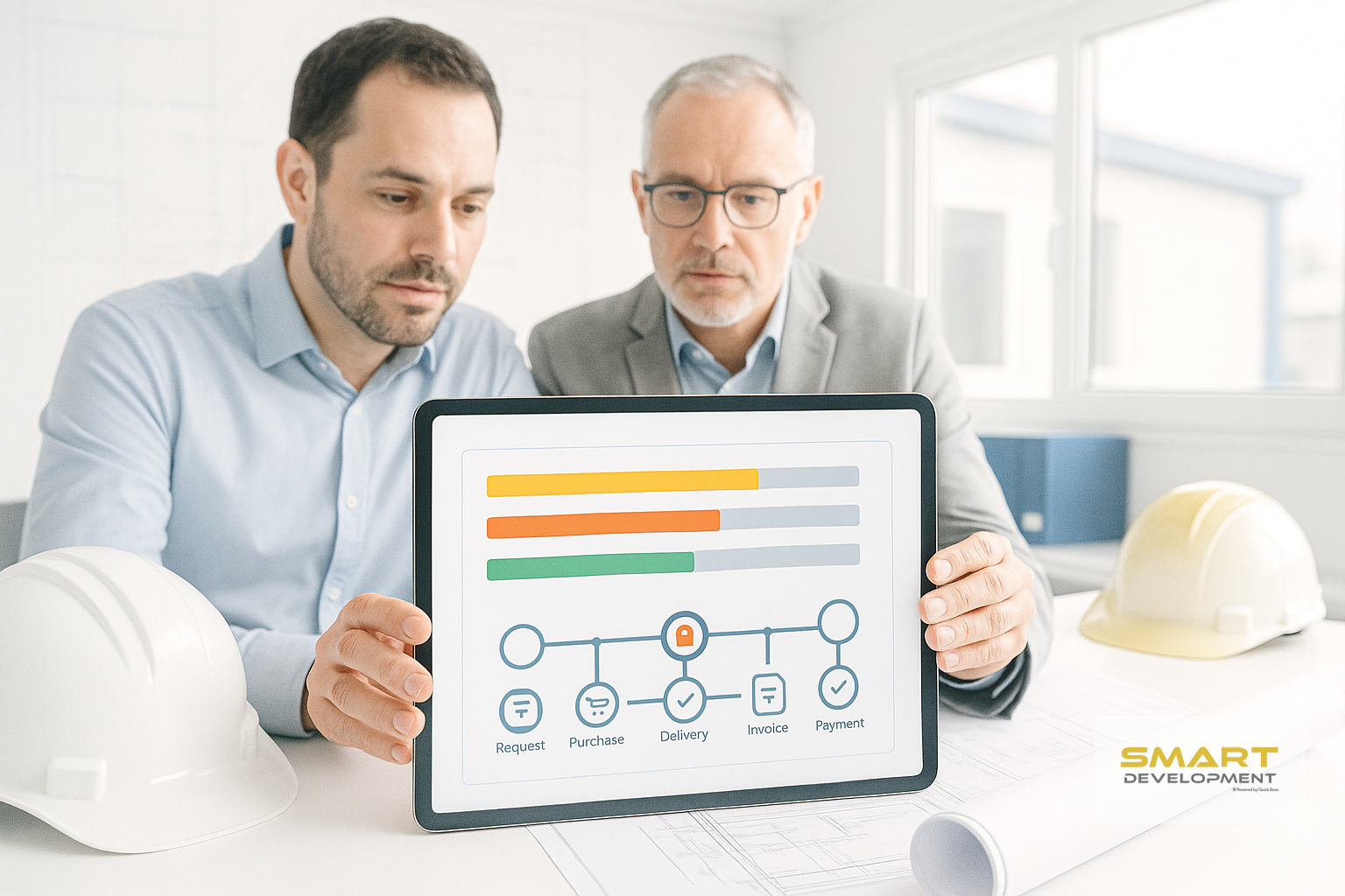 Dos profesionales vestidos de traje sostienen una tableta digital que muestra gráficos de gestión de proyectos y diagramas de procesos.