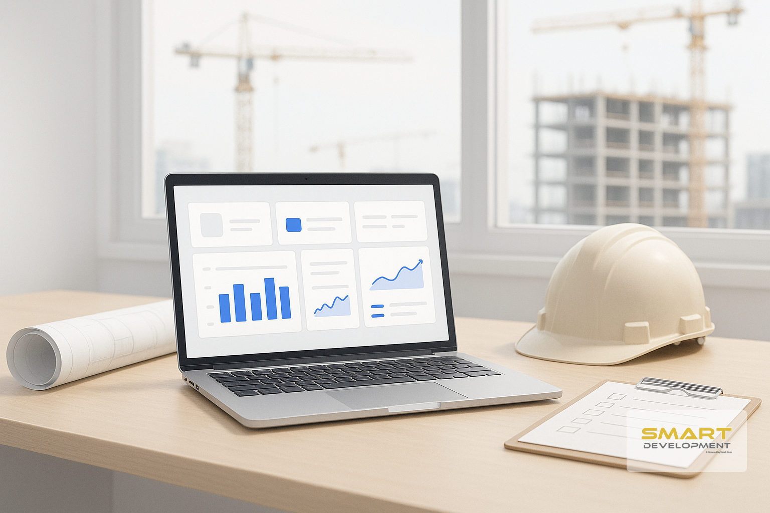 Laptop with construction charts on a desk beside a white hard hat, rolled blueprint, and clipboard in an office setting